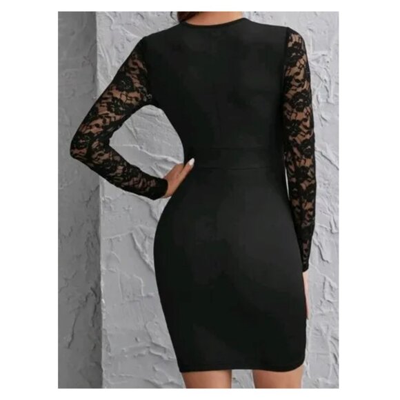 SHEIN Elegant Solid Long Sleeve Bodycon Dress Sheer Panel And Sleeves Size M - Picture 2 of 8